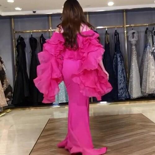 2020 Unique Design Fuchsia Spaghetti Straps V Neck Long Vestido Mermaid Prom Dresses With Organza Removable Ruffle Wrap