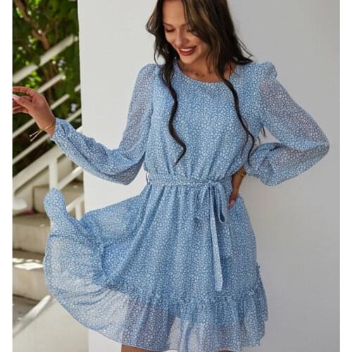 2021 Apring New Women Fashion Long Sleeve Bandage Mini Chiffon Dot Dress Elegant Ruffles Casual Vestidos Mujer De