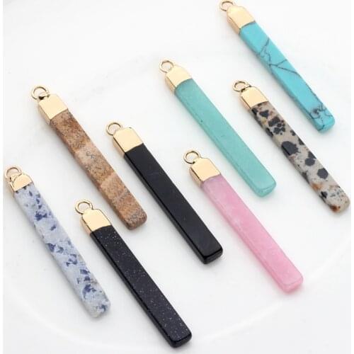 Natural Stone Charms Pendant Copper Ornaments Long strip Tip Natural Color Stone Charms 40*5mm 2pcs/lot DIY Jewelry Accessories