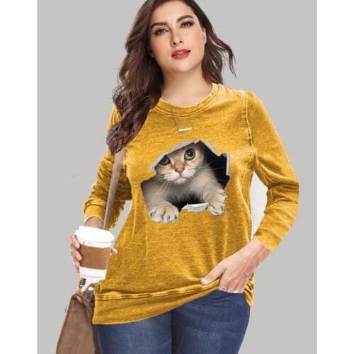 6XL Plus Size for Big Ladies 2021 Autumn New Women Fashion Long Sleeve O-Neck Stylish Cat Print Loose Oversize T Shirt Tops
