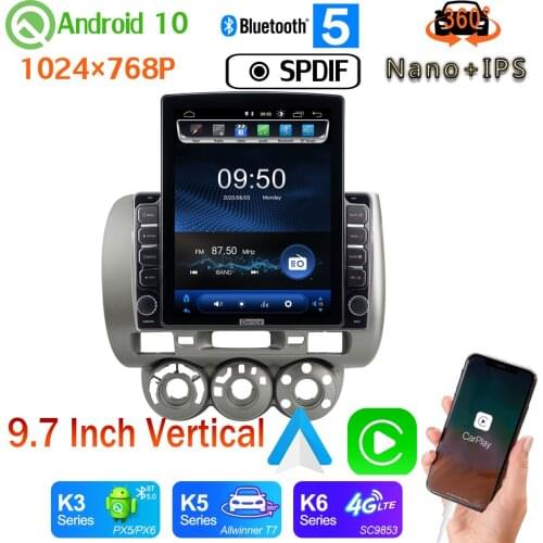 9.7" Vertical Style Car Media GPS CarPlay Android 10 DSP 360 Camera Radio For Honda Fit Jazz 2004-2007 LHD RHD PX6 4+64G 4G WiFi