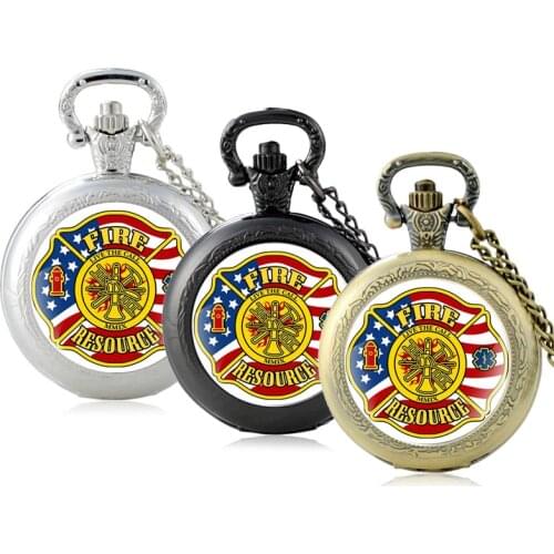 American Flag Fire Resource Glass Cabochon Quartz Pocket Watch Vintage Men Women Pendant Necklace Chain Hours Clock Gifts