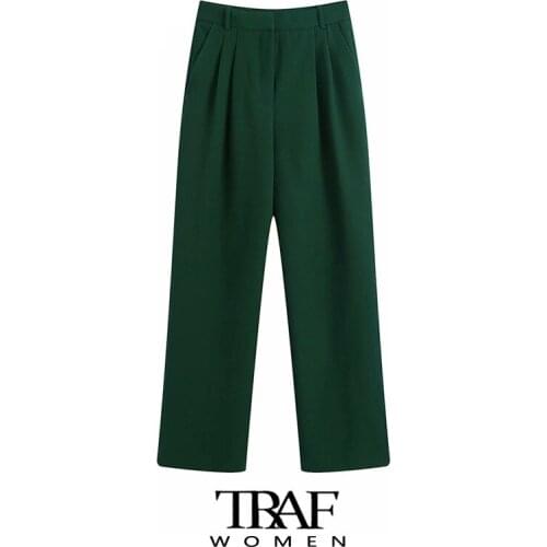 Fashion Side Pockets Front Darts Office Wear Pants Vintage Mid-Rise Waist Zipper Fly Female Trousers Mujer