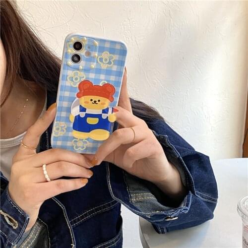 ZUIDID Lovely 3D Bear Grip Phone Case For iPhone 12 Pro 11 XS MAX SE20 XR X 7 8Plus Stand Holder Cover Soft Silicone Grid Fundas