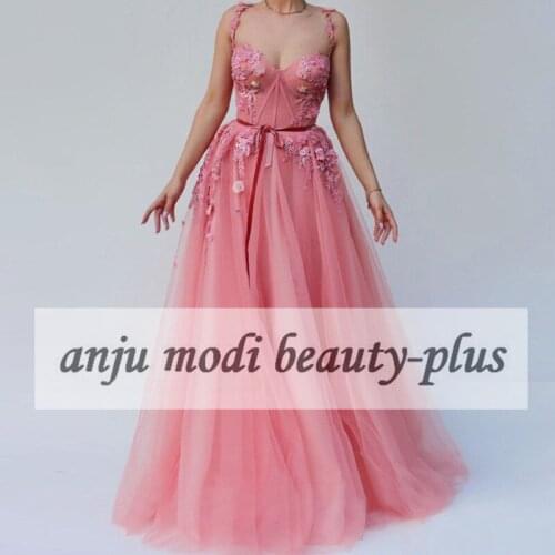 2021 Long Tulle Appliques Prom Dresses Spaghetti Straps Sweetheart Sleeveless Formal Evening Party Ball Gown Robe De Soiree