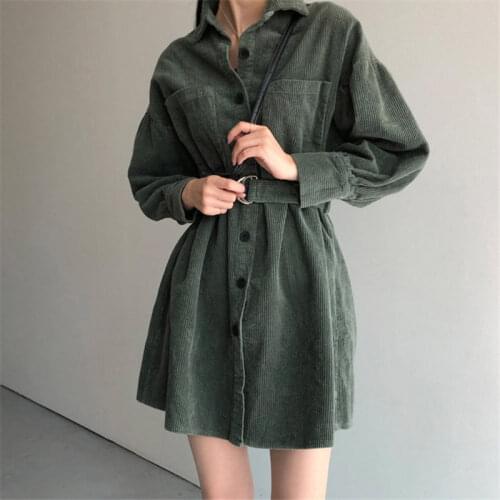 Retro Green Solid Corduroy Thicken 2020 Korean Plus Size Sashes Stylish Chic Office Lady Streetwear High Waist Dresses