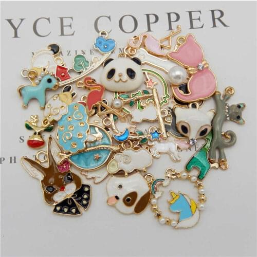Julie Wang 20PCS Enamel Animal Charms Random Mixed Cat Bird Unicorn Squirrel Gold Tone Alloy Pendent Jewelry Making Accessory
