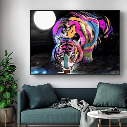 RELIABLI ART Wall Art Colored Tiger Drinks Water In The Moonlight Pictures Modern Canvas Paintings Posters and Prints No Frame