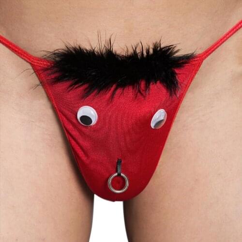 Red Sexy Funny Cartoon Animal Mens G-String Thong Underwear Briefs Underpants Front Bulge Pouch & Open Butt for Lingerie Night