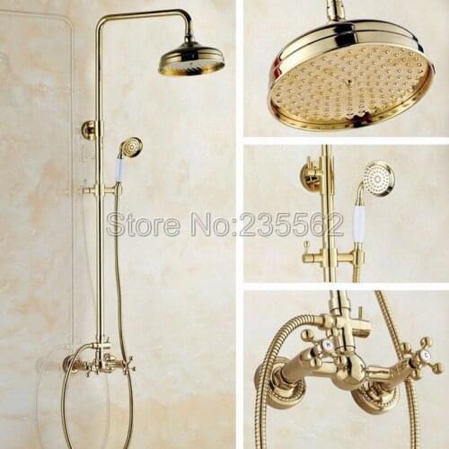 Bathroom Rain Shower Faucet Set Dual Handle Gold Color Brass Finish Wall Mixer Tap lgf331