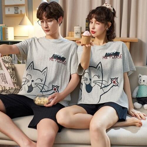 Summer Couples Pajamas Women Men Funny Cats Cartoon Sleepwear Kawaii Maiden Homewear Lovers Cotton Fashion Gray Men Nightgowns