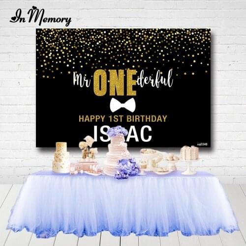 Mr onederful Black Gold Glitter Kids 1st Birthday Party Backdrop Bow Tie Baby Shower Newborn Photography Background 7x5ft Custom
