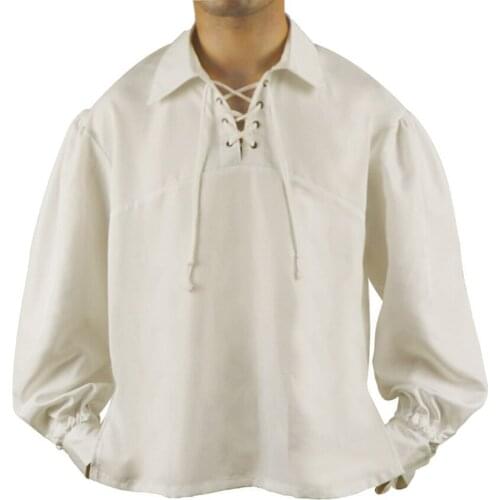Man Medieval Cosplay Costume Halloween Party Costume New Renaissance Casual Summer Pirate Shirt White Black Clothes Solid Tops
