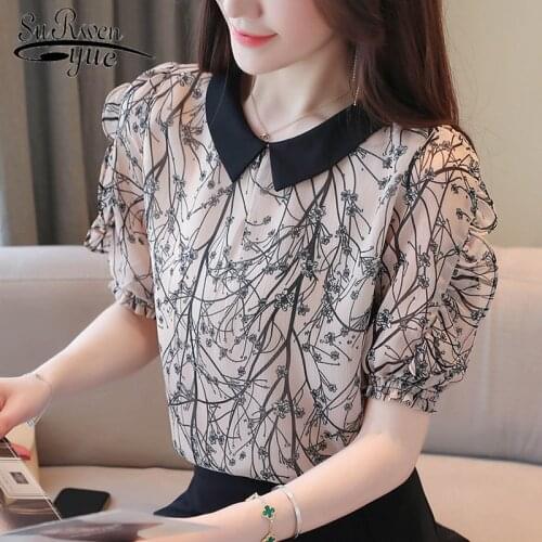 2021 Short-Sleeved New Sweet Office Lady Print Summer Blouse Women Floral Chiffon Shirt Women elegant Pullover Tops Clothes 9613