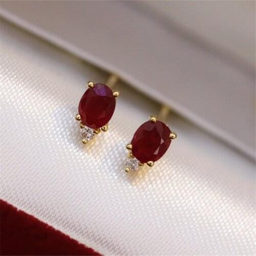 UBESTNICE Solid 18K Yellow Gold Fine Jewelry AU750 Water-Drop Oval Natural Ruby Stud Earrings For Women Engagement Party Gift