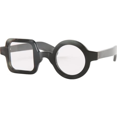 Luxury asymmetric half square half round black buffalo horn optical reading eyeglasses frame unisex men womens horn sunglasses