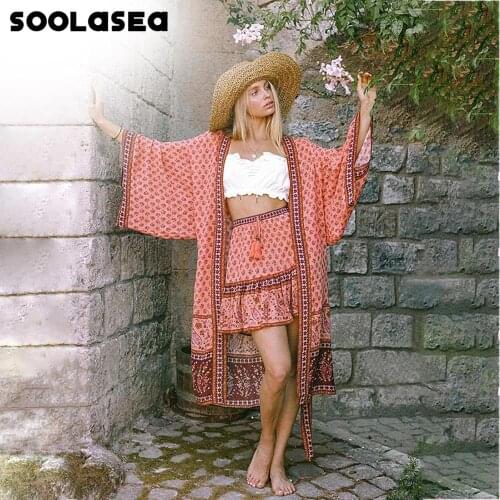 Soolasea Women Boho Summer Beach Cover Up Bathing Suit Ladies Swimwear Long Kaftan cardigan Floral Playa Dress Bikini Cover Up