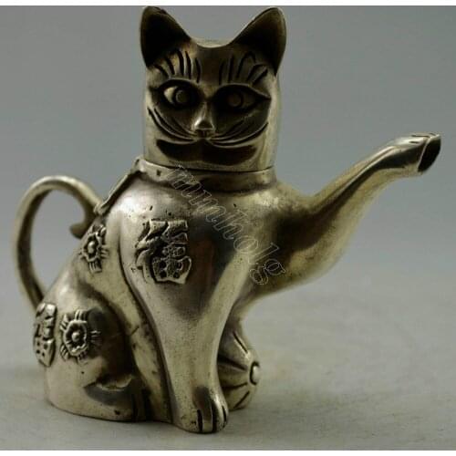 Collectible Decorated Old Handwork Tibet Silver Carved Lovely Cat Tea Pot tools wedding Decoration Brass
