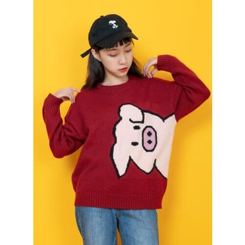 New Year Piggy Cute Womens Knitted Sweater O-neck Pullovers Long Sleeve Fall Loose Sweaters Cute Girls Pig Red