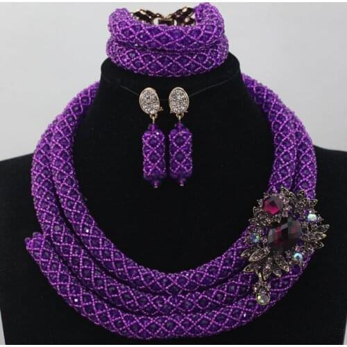 Splendid Purple Indian African Beads Jewelry Set Crystal Rhinestone Layers Statement Necklace Set Collar WD240