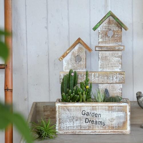 Vintage White House Wooden Outdoor Planters With Black Garden Dreams Sign On European Home Garden Decor Wood Floor Flower Tub