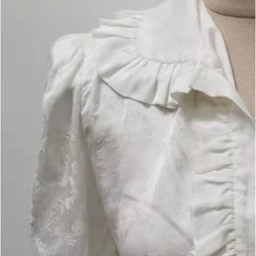 2021 Summer 100% Viscose Women Blouse Leaf Jacquard Print Peter Pan Collar Short Puff Sleeve Ladies Shirt and Tops with Button