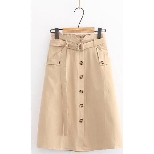Summer Autumn Skirts Womens Midi Knee Length Korean Elegant Button High Waist Skirt Female Pleated School Skirt