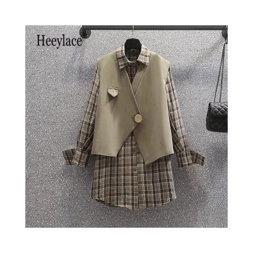 Plus Size Women Autumn Elegant Vintage Two Pieces Set For Women Long Sleeve Plaid Blouse And Blazer Vest Suits 2021 Outfits 4XL