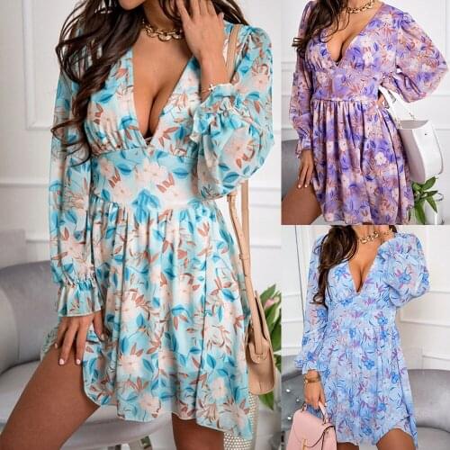 Autumn Dress Women Robe Femme Patchwork V-Neck Long Sleeve Print Pullover Mini Dress For Womans Clothing 2021 Vestido De Mujer