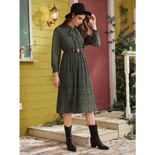 Women Dress Autumn 2021 Print Color Full Sleeve Chiffon Beach Style Elegant Fashion Casual Female Vestido With Belt Party C2854