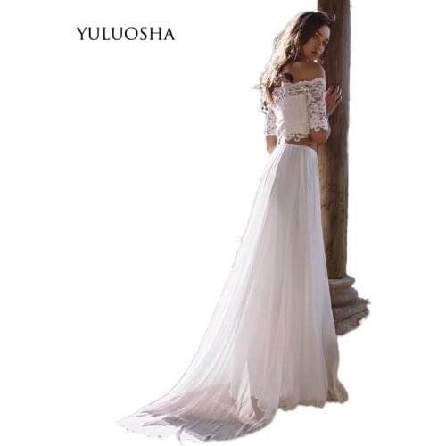 YULUOSHA Women Wedding Dress White Ivory Lace Off The Shoulder A-line Wedding Dress Formal Dance Party Wear Cheap Custom