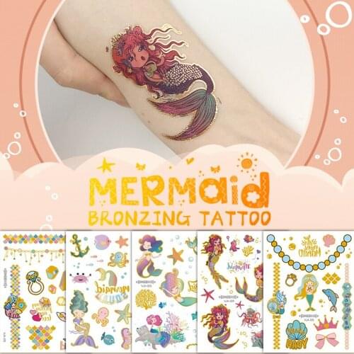 Gold Mermaid Accessories Flash Arm Body Art Water Transfer Waterproof Temporary Tattoo Sticker For Women Men Fake Tattoos