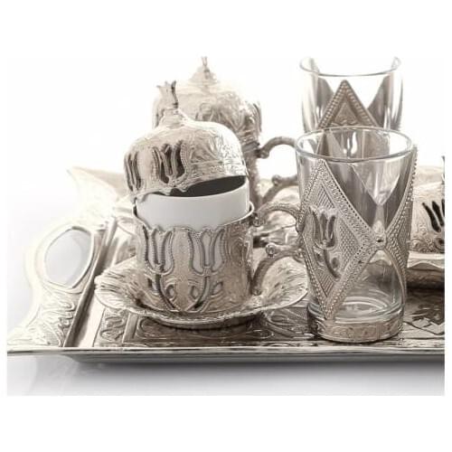 White Metal Water Cupped Motif 4'lü Ottoman Turkish Coffee Set