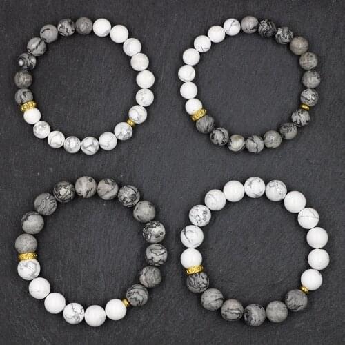 10mm Map and White Natrual Stone Beads Bracelets&Bangles Gold Stainless Steel Men Women Bracelet Pulseras Hombres Jewelry Gifts