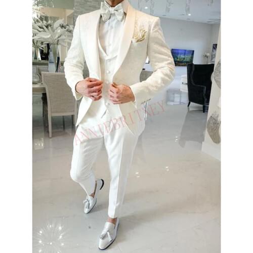 British style Ivory White Men Wedding Suit Slim Fit Jacquard Suits for Men Groom Tuxedo Jacket Pants Set Custom Made Men Blazer