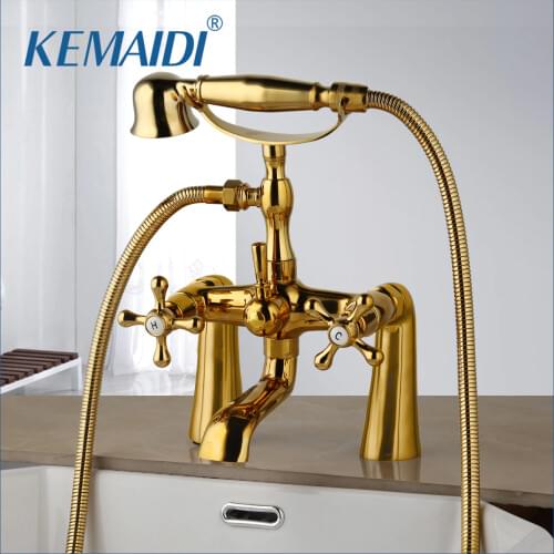 KEMAIDI Antique Brass Golden Bathtub Shower Faucets Set Dual Knobs Mixer Tap Deck Mounted Bath Shower Swivel Tub Spout Shower