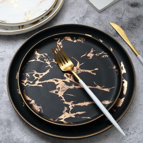 Nordic creative household ceramic plates, western food plates, steak plates, marble tableware, breakfast plates, round plates
