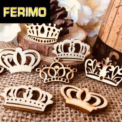 50Pcs Wood Crown Mixed Pattern Unfinished Wood Scrapbooking Craft Decoration DIY Handmade Accessory Sewing Home Decoration 33mm