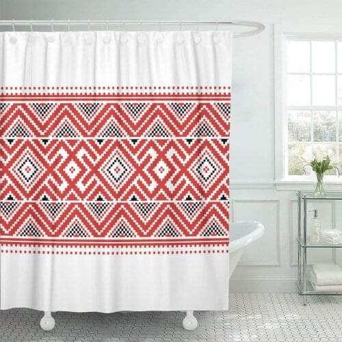 Red Native Traditional Belarusian Slavic Ornaments Pattern Belarus Russian Shower Curtain Waterproof Polyester Fabric 72 x 78 In