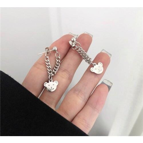 2020 Ins Hot Japan Silver Color Round Chain Long Tassel Earrings Cute Bear Stud Earrings For Women Simple Earring Chain Jewelry