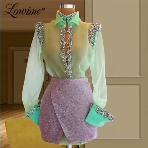 Lowime 2021 Custom Beaded Short Cocktail Dresses Short Prom Dress Long Sleeve Robes De Soirée Arabic Mini Party Graduation Dress