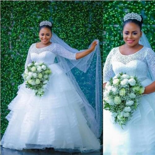 Nigeria Style Tiered Wedding Dresses Summer Lace Top Long Sleeves Plus Size Bridal Gowns Tulle Ball Gown African Wedding