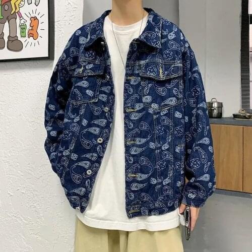 2021 Fashion Casual High Street Hip-Hop Denim Jacket Loose Korean Printed Jeans Coat Streetwear Male Vintage Outwear Wholesale