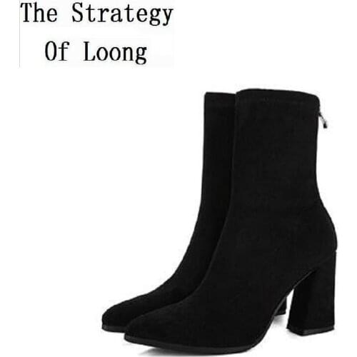 New Women Spring Autumn Stretch Fabric Vamp Zipper Pointed Toe Square Heel Non-slip Rubber Sole Boots 181011