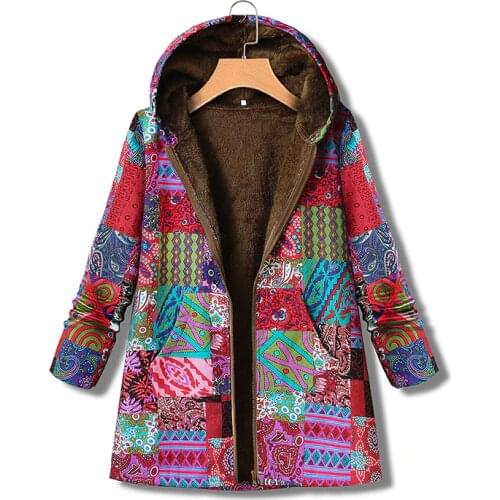 Autumn Winter New Style Cotton Women Linen Jacket Ladies Retro Warm Printing Pocket Thick Zipper Hooded Coat Winter Coat Women