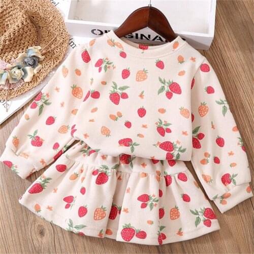1-6Y Girls Dress Suit for Childrens Clothing 2021 New Baby Kids Strawberry Print Clothes Outfits Set