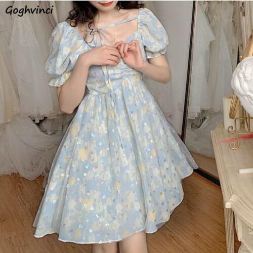 Short Sleeve Dress Women Retro Lovely Ulzzang Mesh Tie Dye Ruffles Pleated Elegant Puff Sleeve Teens Streetwear Leisure Chic Ins
