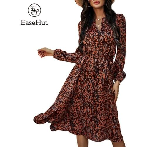 Women Leopard Print Dress Long Sleeve Belted High Waist Side Slit Spring Summer Casual Dresses Women Midi Dress Beach Holiday