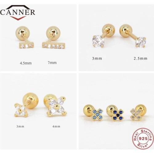CANNER 925 Sterling Silver Small Zircon Crystal Piercing Earrings for Women Men Cartilage Stud Earings Fine Jewelry Pendientes