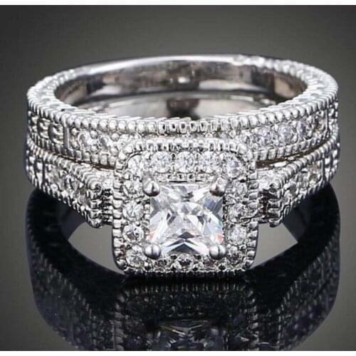 Vintage Simulated Diamond Rings Sets 2-in-1 Engagement Wedding Ring finger For Women Pave CZ 10K White gold Plated Jewelry